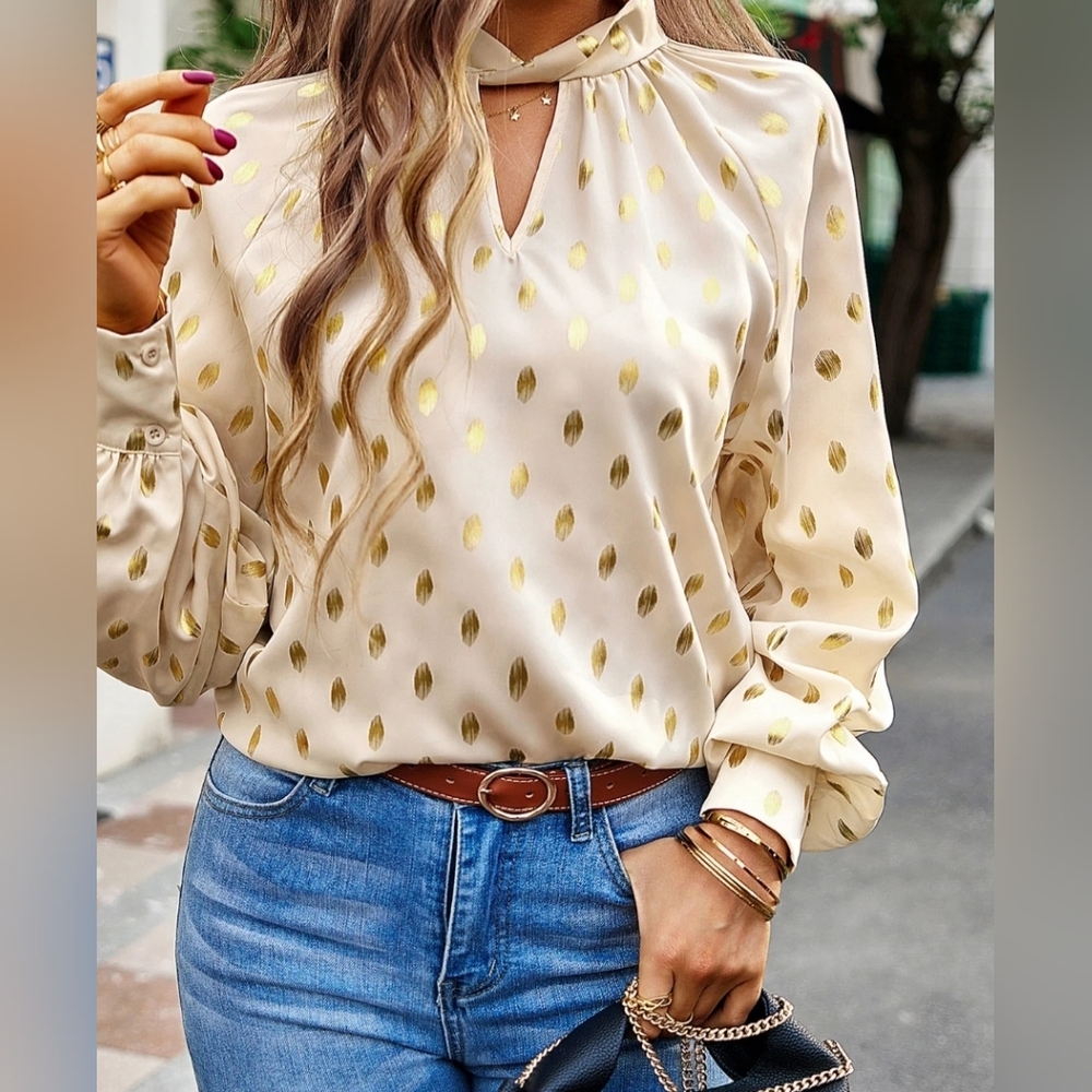 Kate Kasin Elegant Gold Polka Dot 2XL Blouse